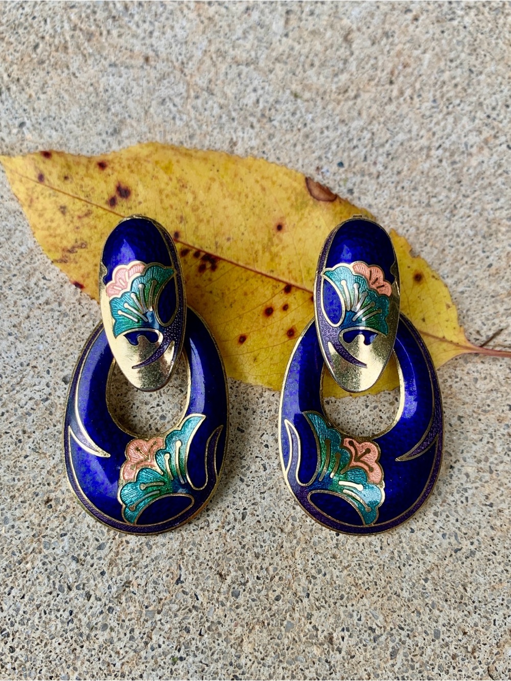 Vintage Cloisonné Earrings Blue Goldtone Enamel Door Knocker Pierced Dangle